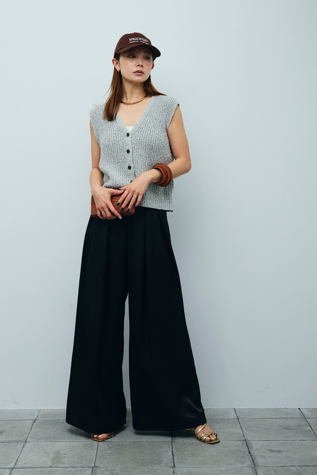 [予約/SET]Vネックサマーニットベスト+ウエストドロストサテンパンツ(2set)