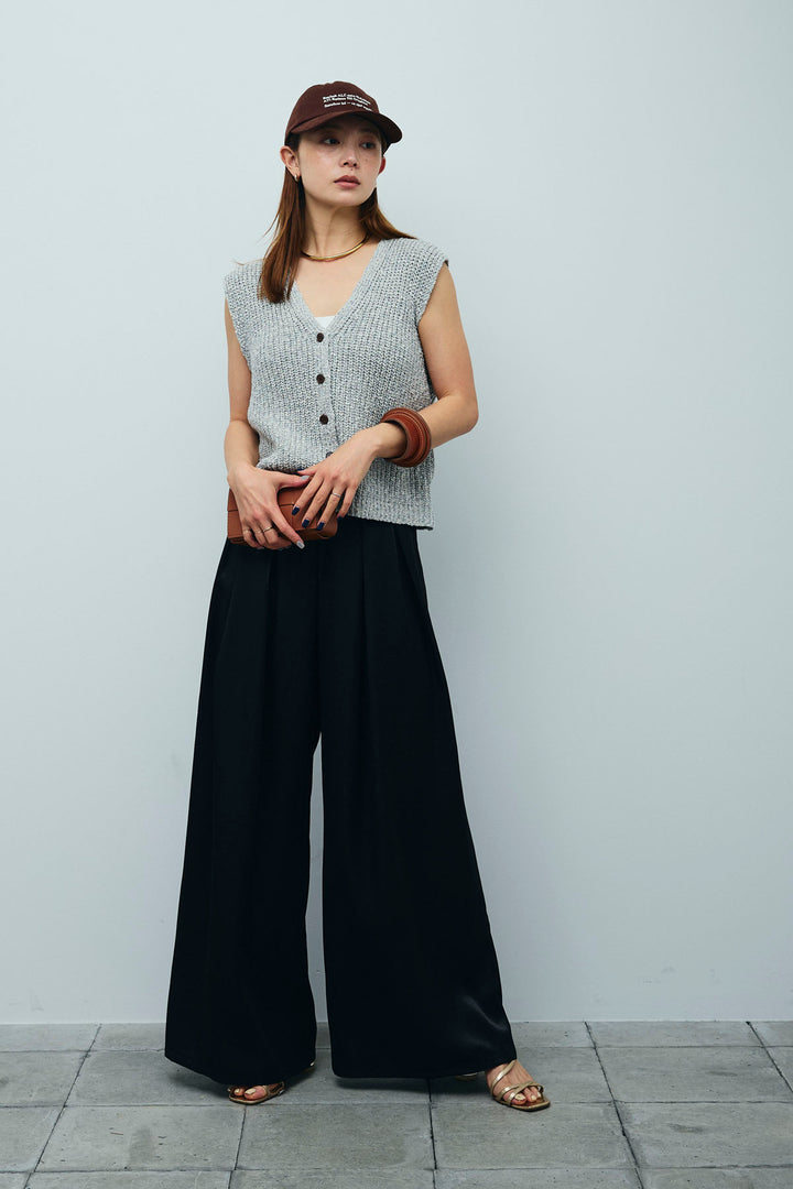 [予約/SET]Vネックサマーニットベスト+ウエストドロストサテンパンツ(2set)