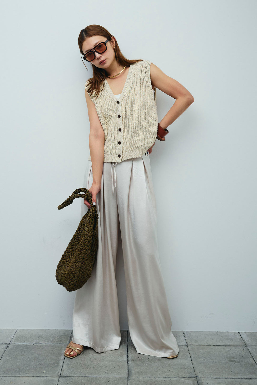 [予約/SET]Vネックサマーニットベスト+ウエストドロストサテンパンツ(2set)