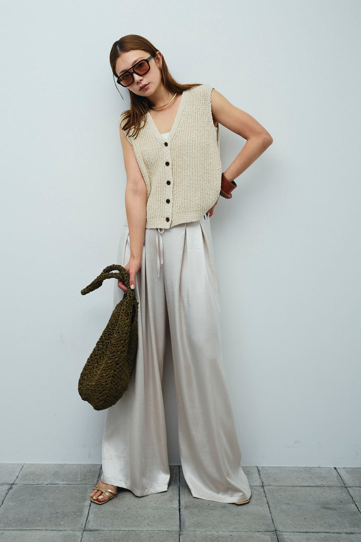 [予約/SET]Vネックサマーニットベスト+ウエストドロストサテンパンツ(2set)