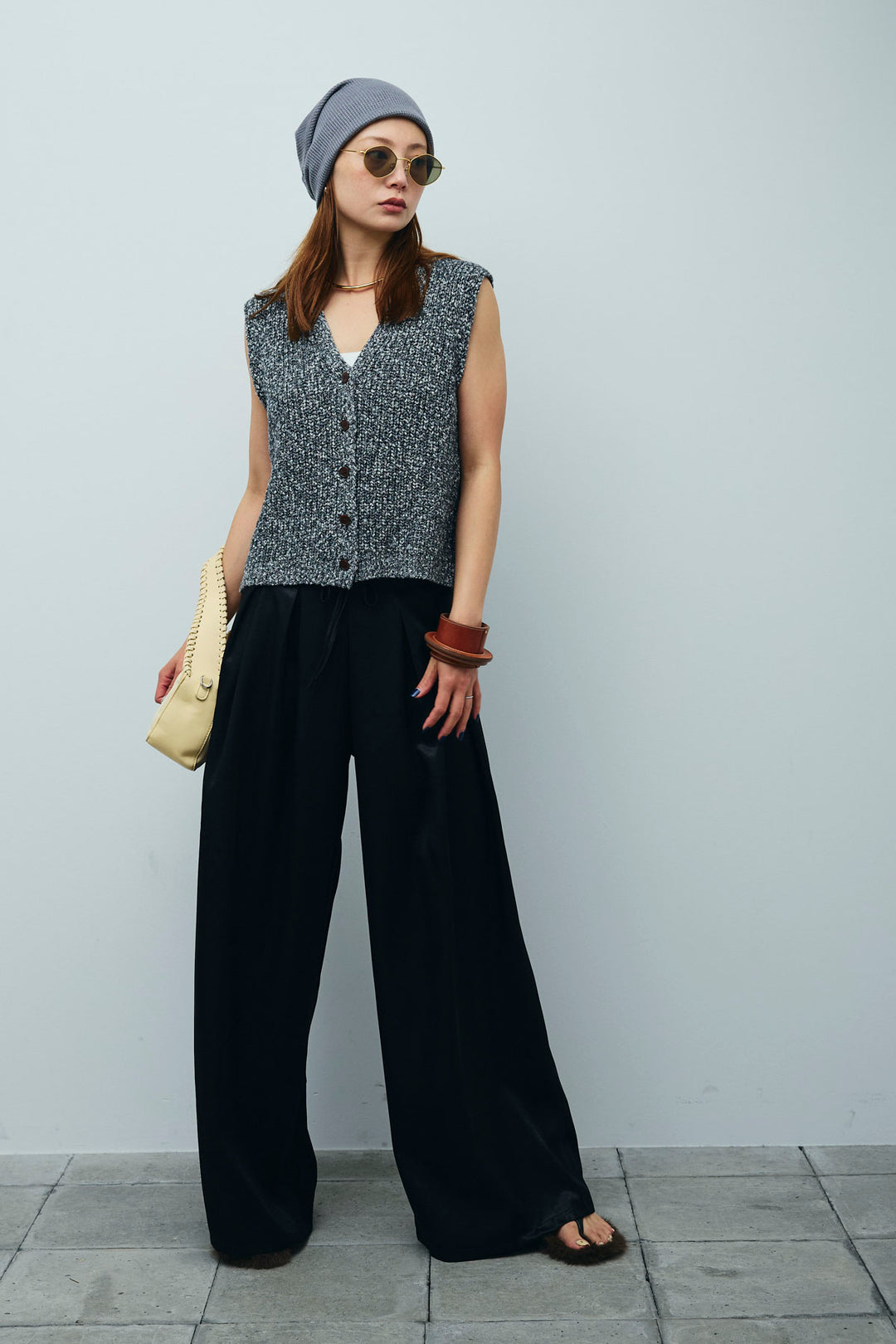 [予約/SET]Vネックサマーニットベスト+ウエストドロストサテンパンツ(2set)