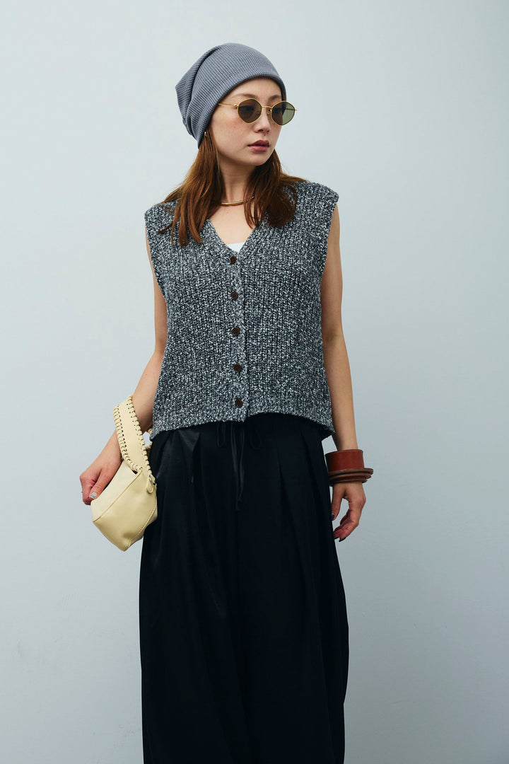 [予約/SET]Vネックサマーニットベスト+ウエストドロストサテンパンツ(2set)