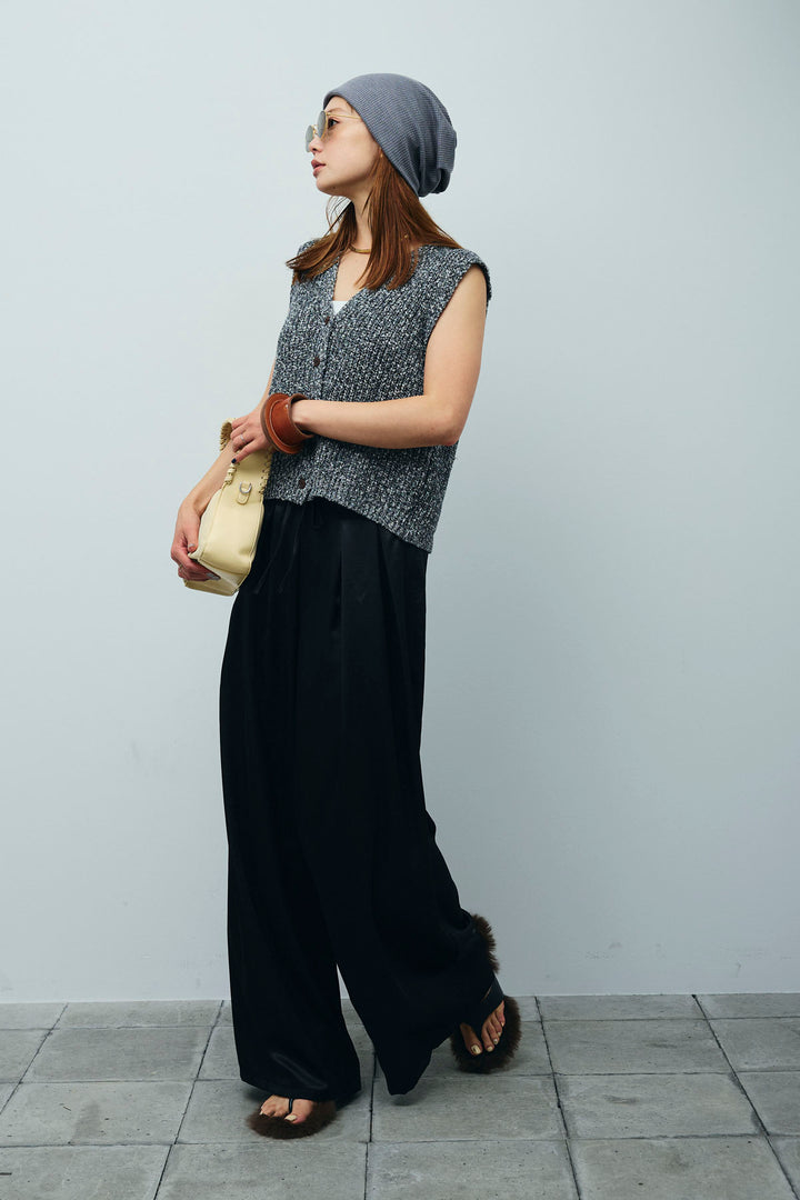 [予約/SET]Vネックサマーニットベスト+ウエストドロストサテンパンツ(2set)