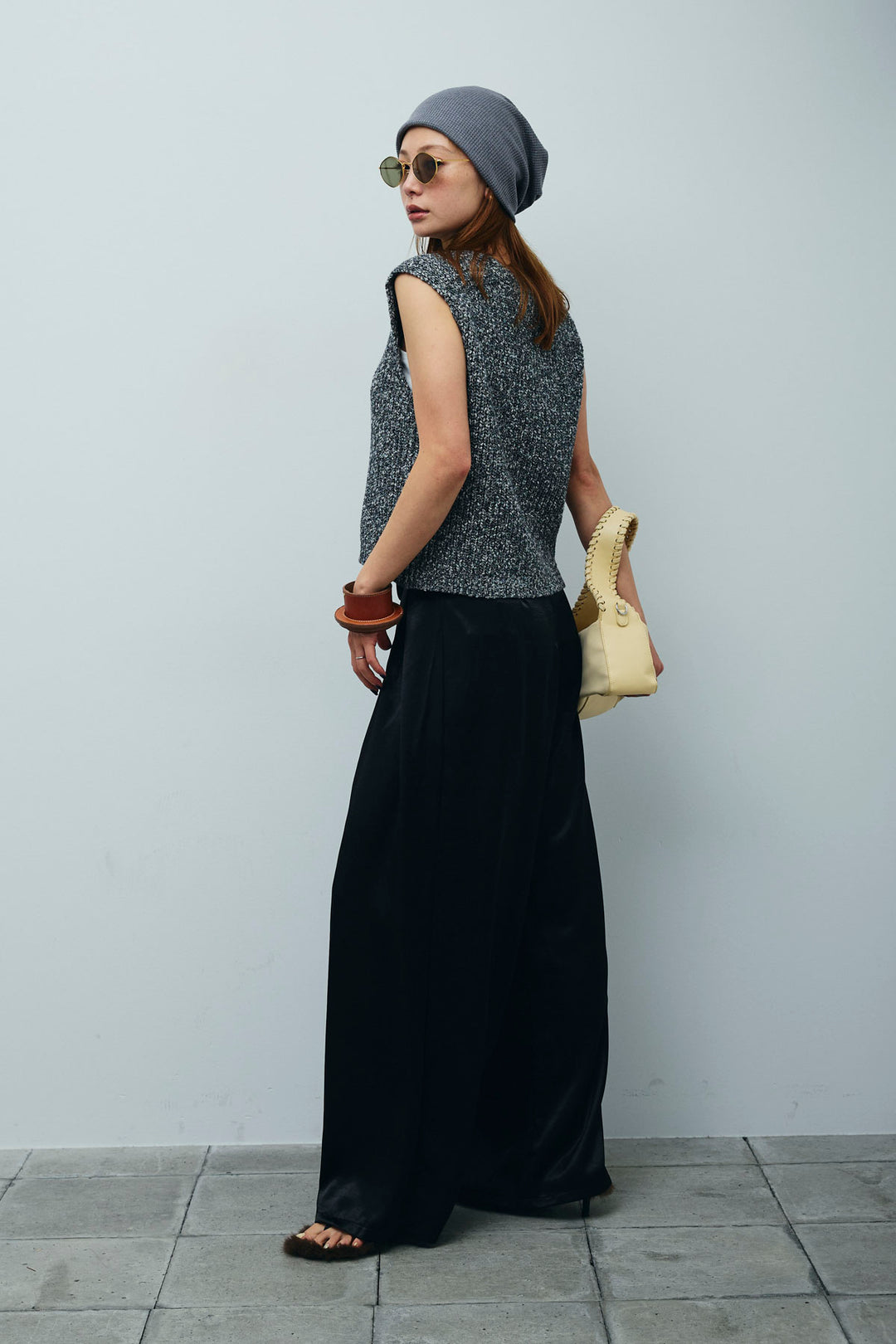 [予約/SET]Vネックサマーニットベスト+ウエストドロストサテンパンツ(2set)