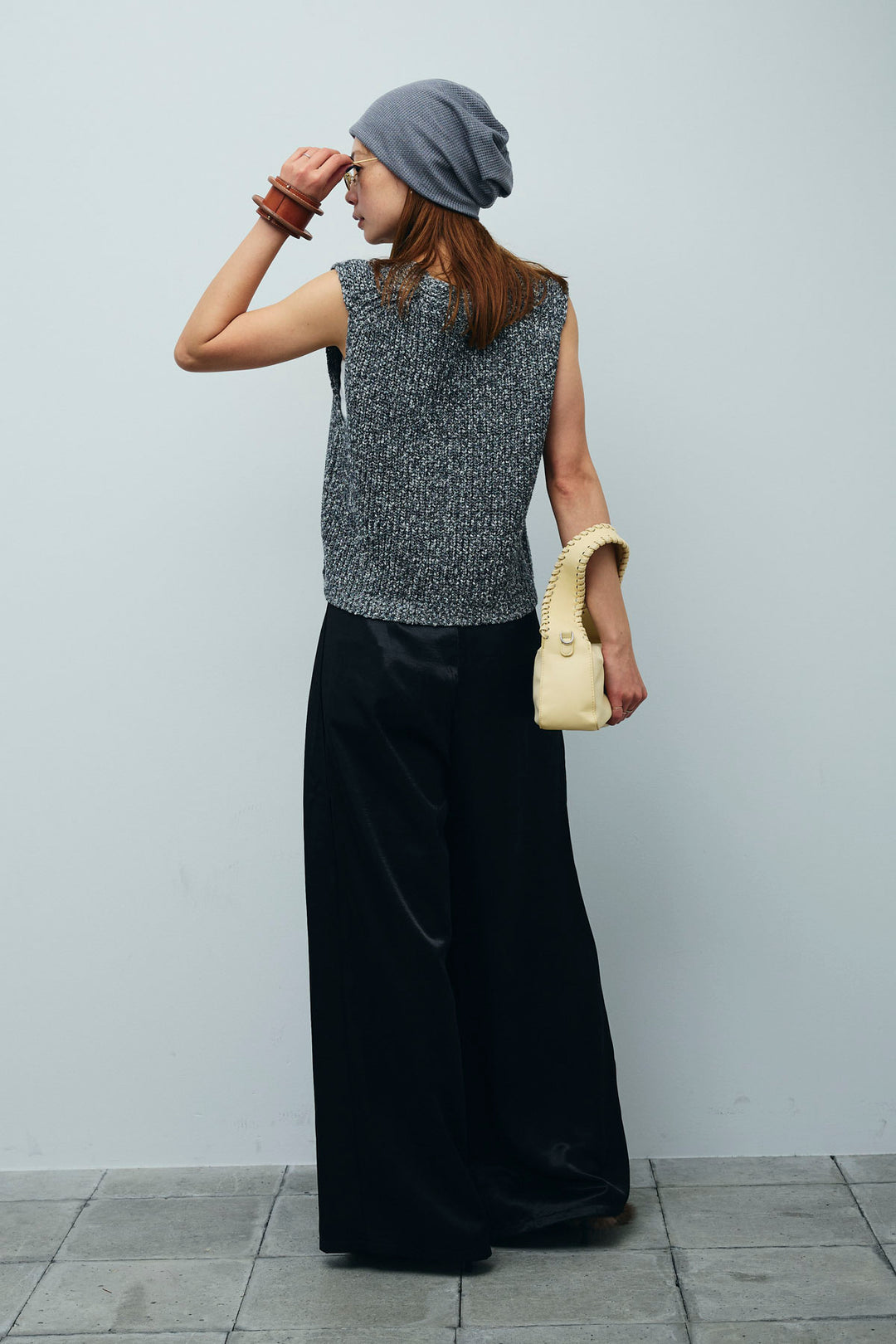 [予約/SET]Vネックサマーニットベスト+ウエストドロストサテンパンツ(2set)