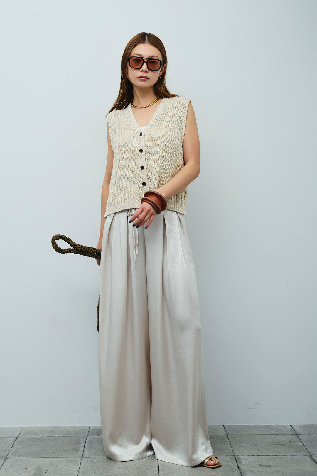 [予約/SET]Vネックサマーニットベスト+ウエストドロストサテンパンツ(2set)