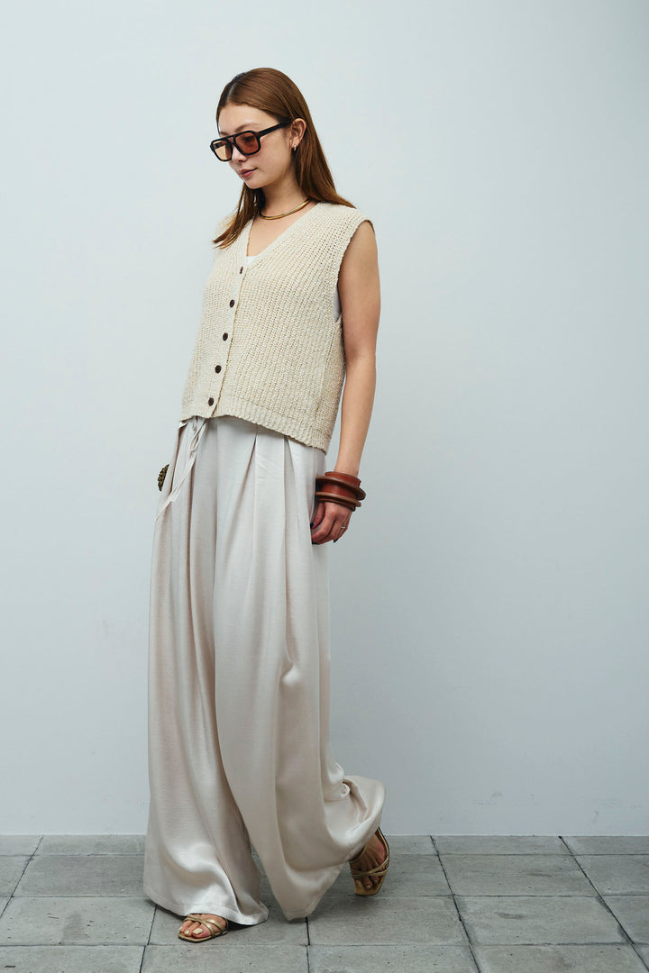 [予約/SET]Vネックサマーニットベスト+ウエストドロストサテンパンツ(2set)