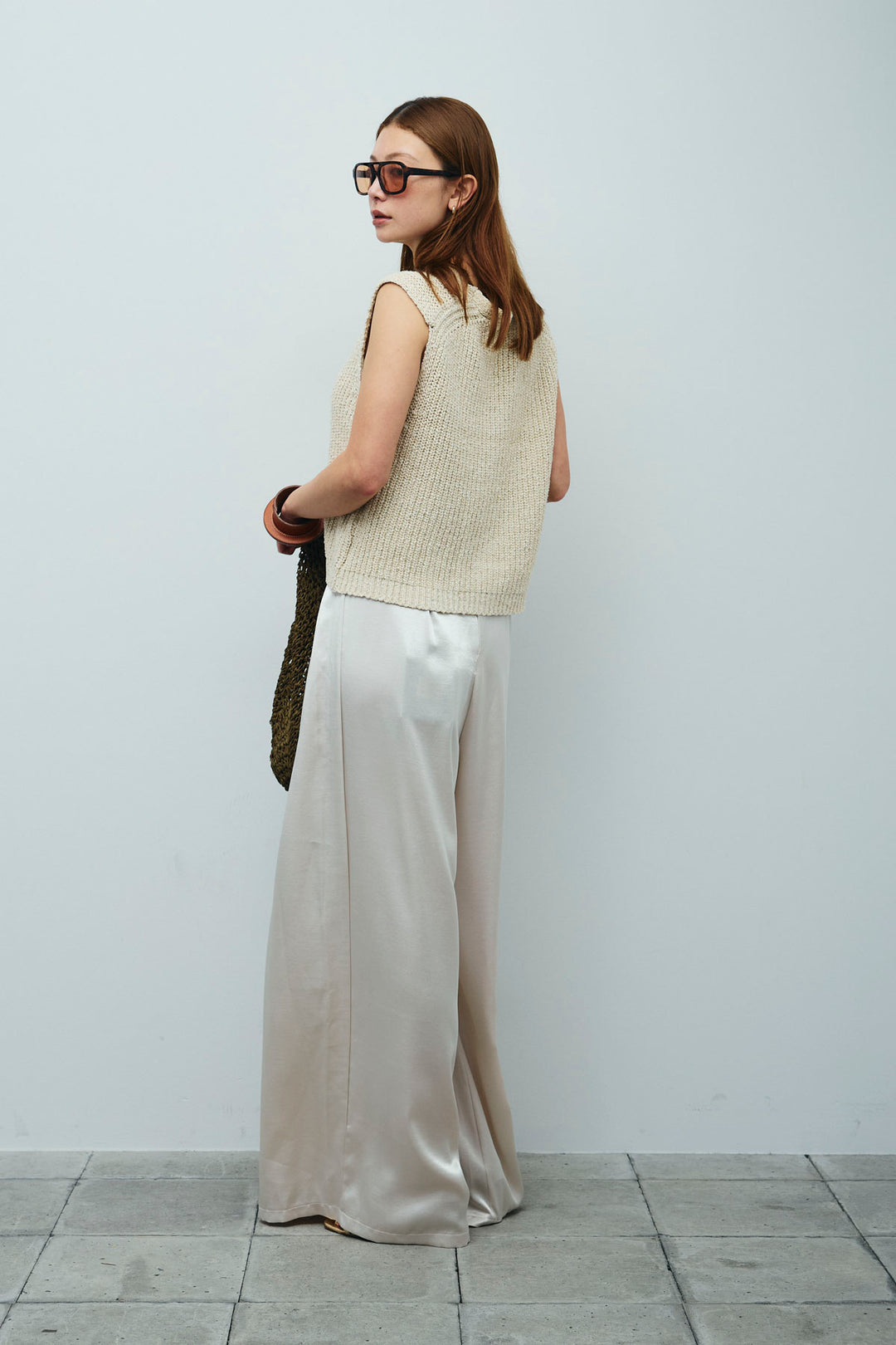 [予約/SET]Vネックサマーニットベスト+ウエストドロストサテンパンツ(2set)