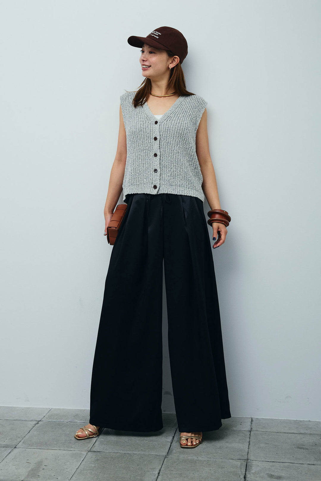 [予約/SET]Vネックサマーニットベスト+ウエストドロストサテンパンツ(2set)