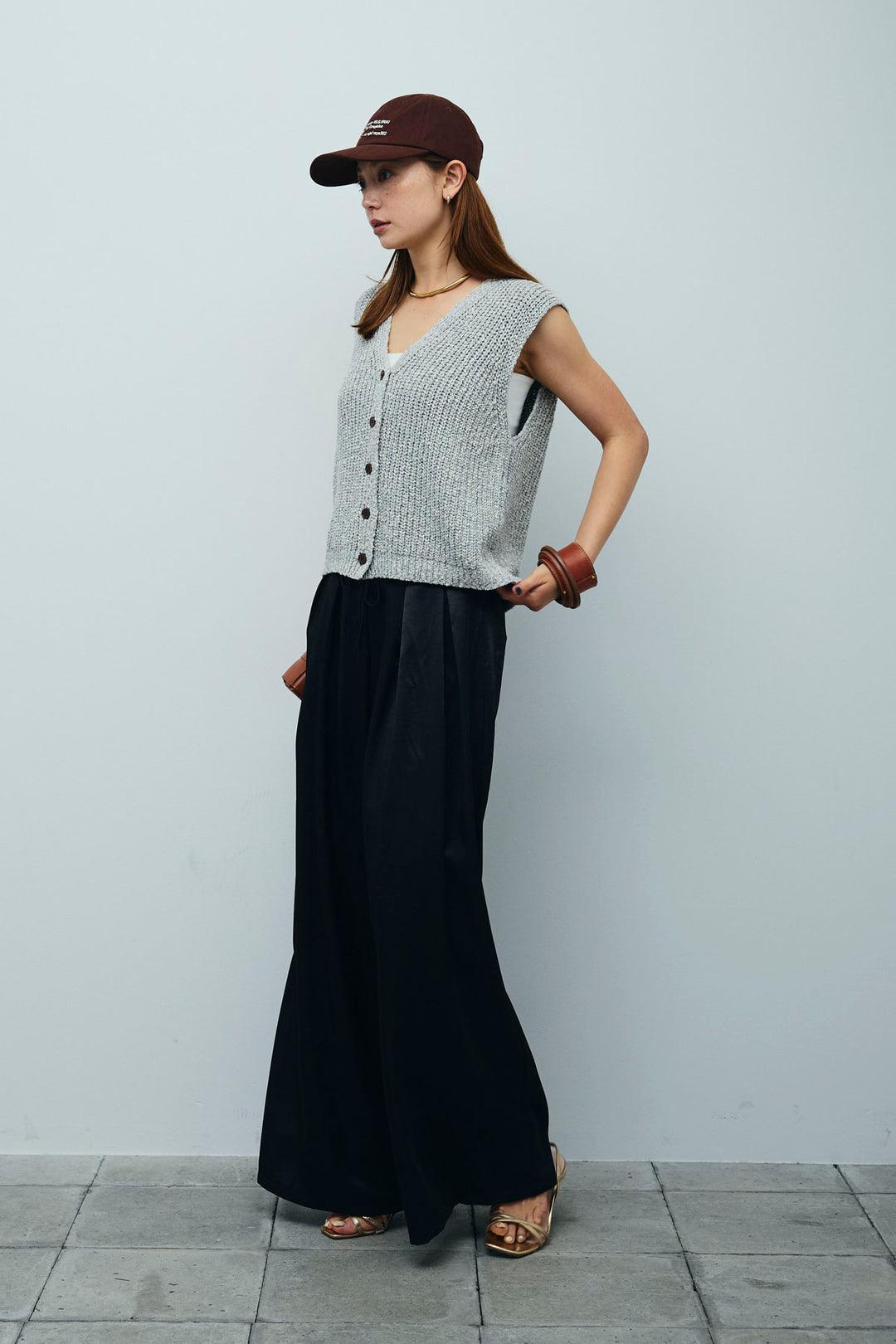 [予約/SET]Vネックサマーニットベスト+ウエストドロストサテンパンツ(2set)