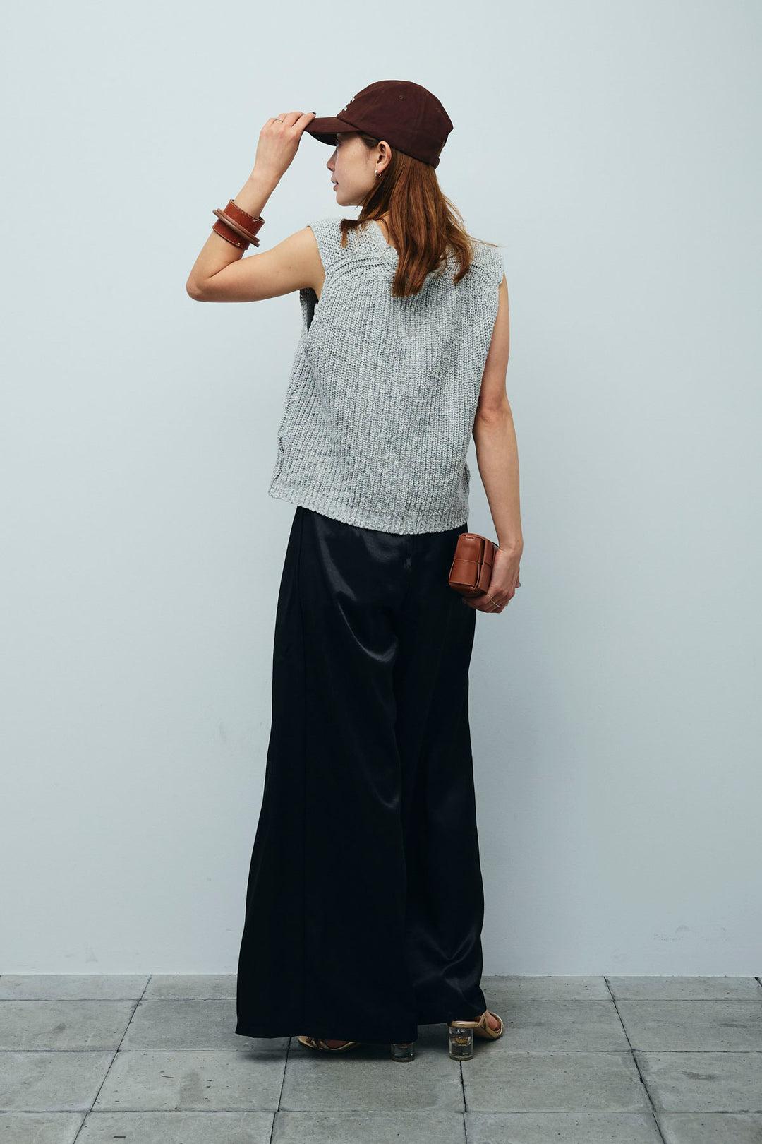 [予約/SET]Vネックサマーニットベスト+ウエストドロストサテンパンツ(2set)