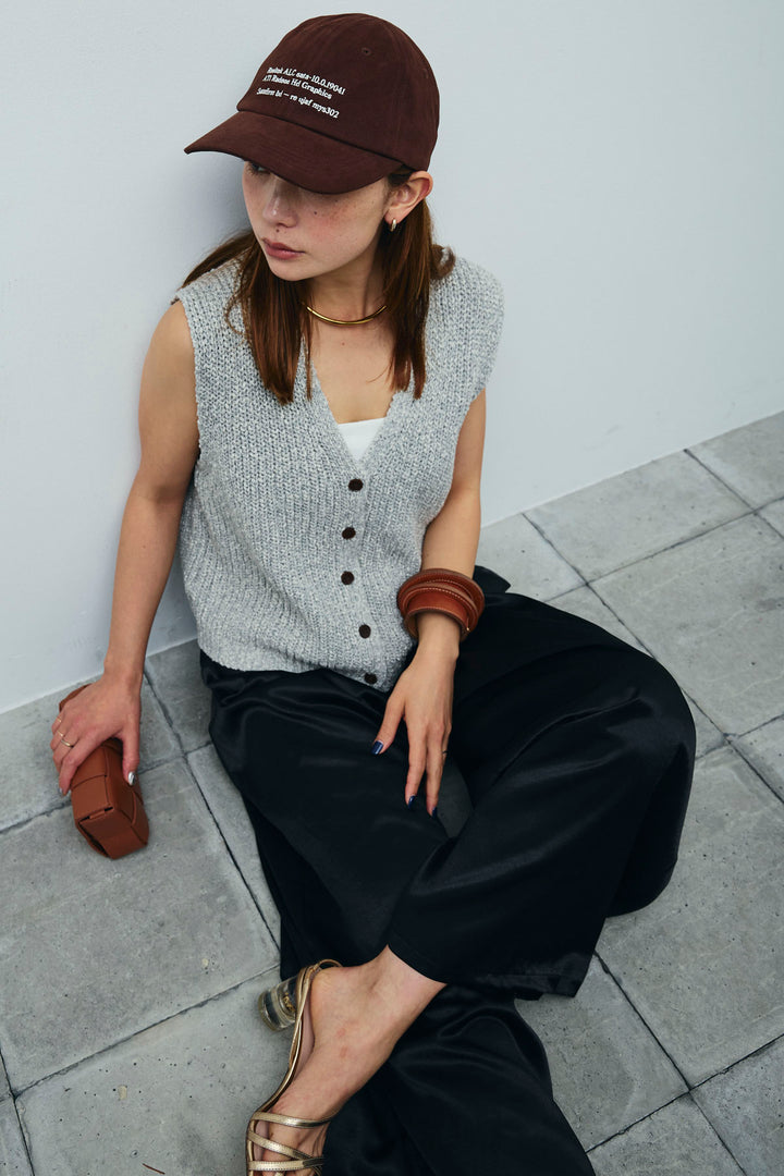 [予約/SET]Vネックサマーニットベスト+ウエストドロストサテンパンツ(2set)