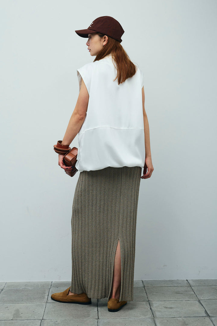 [予約/SET]スタンドネックサテンベスト+ストライプ編みニットスカート(2set)