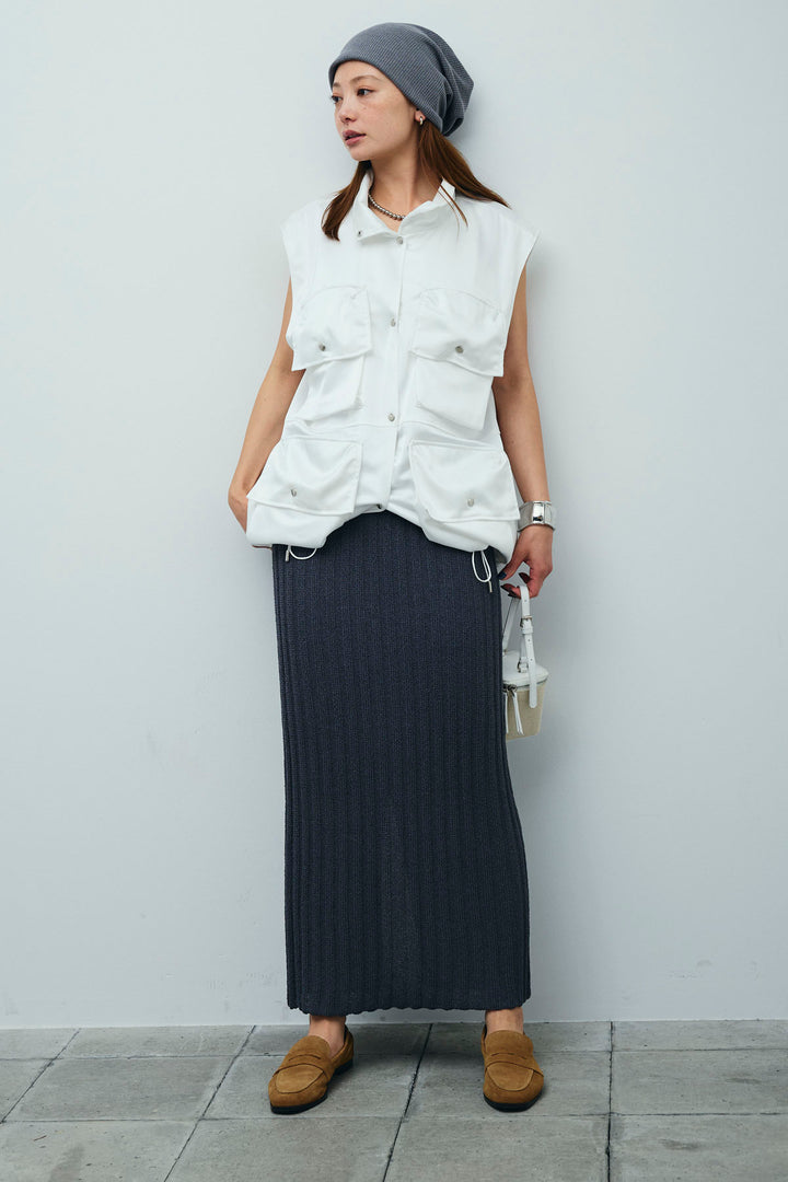 [予約/SET]スタンドネックサテンベスト+ストライプ編みニットスカート(2set)