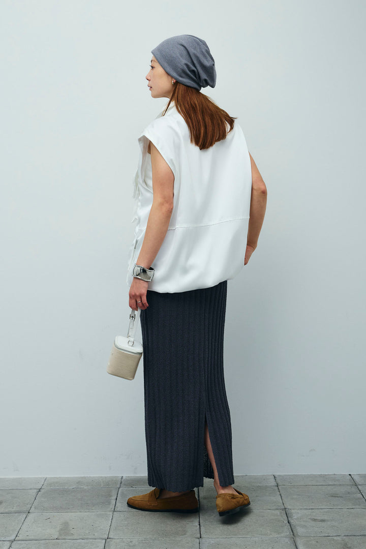 [予約/SET]スタンドネックサテンベスト+ストライプ編みニットスカート(2set)