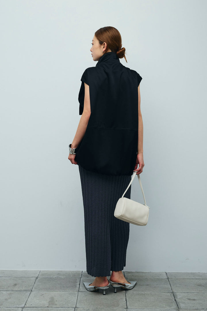 [予約/SET]スタンドネックサテンベスト+ストライプ編みニットスカート(2set)