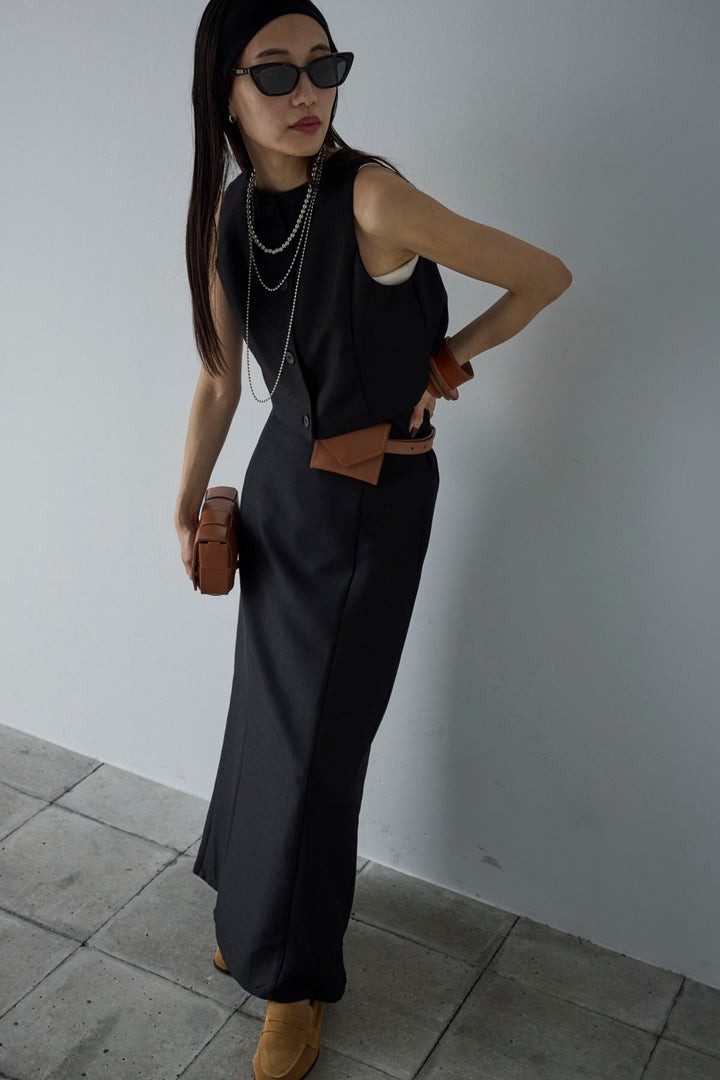 [予約/SET]リネンタッチクロップドベスト+リネンタッチハイウエストスカート(2set)