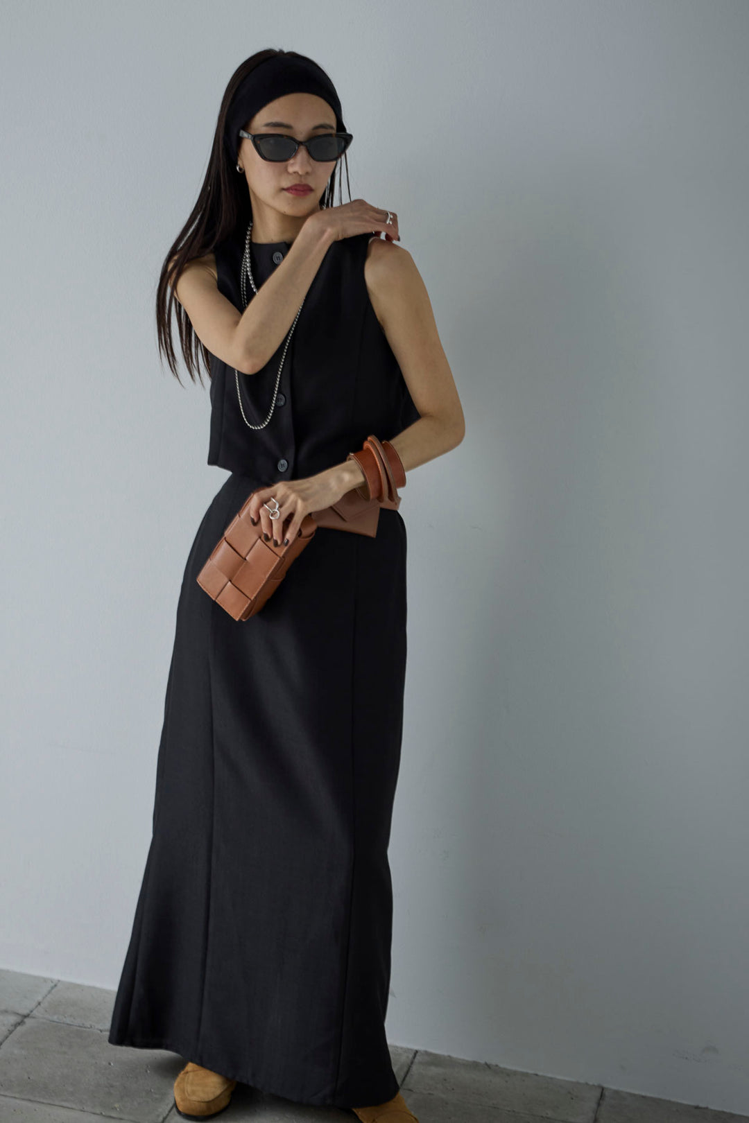 [予約/SET]リネンタッチクロップドベスト+リネンタッチハイウエストスカート(2set)