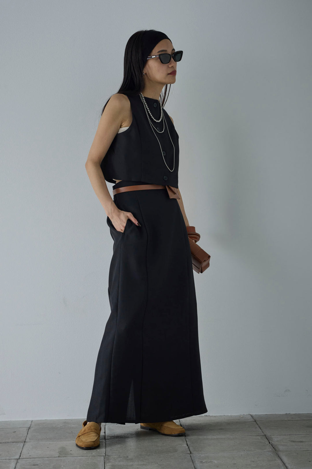 [予約/SET]リネンタッチクロップドベスト+リネンタッチハイウエストスカート(2set)