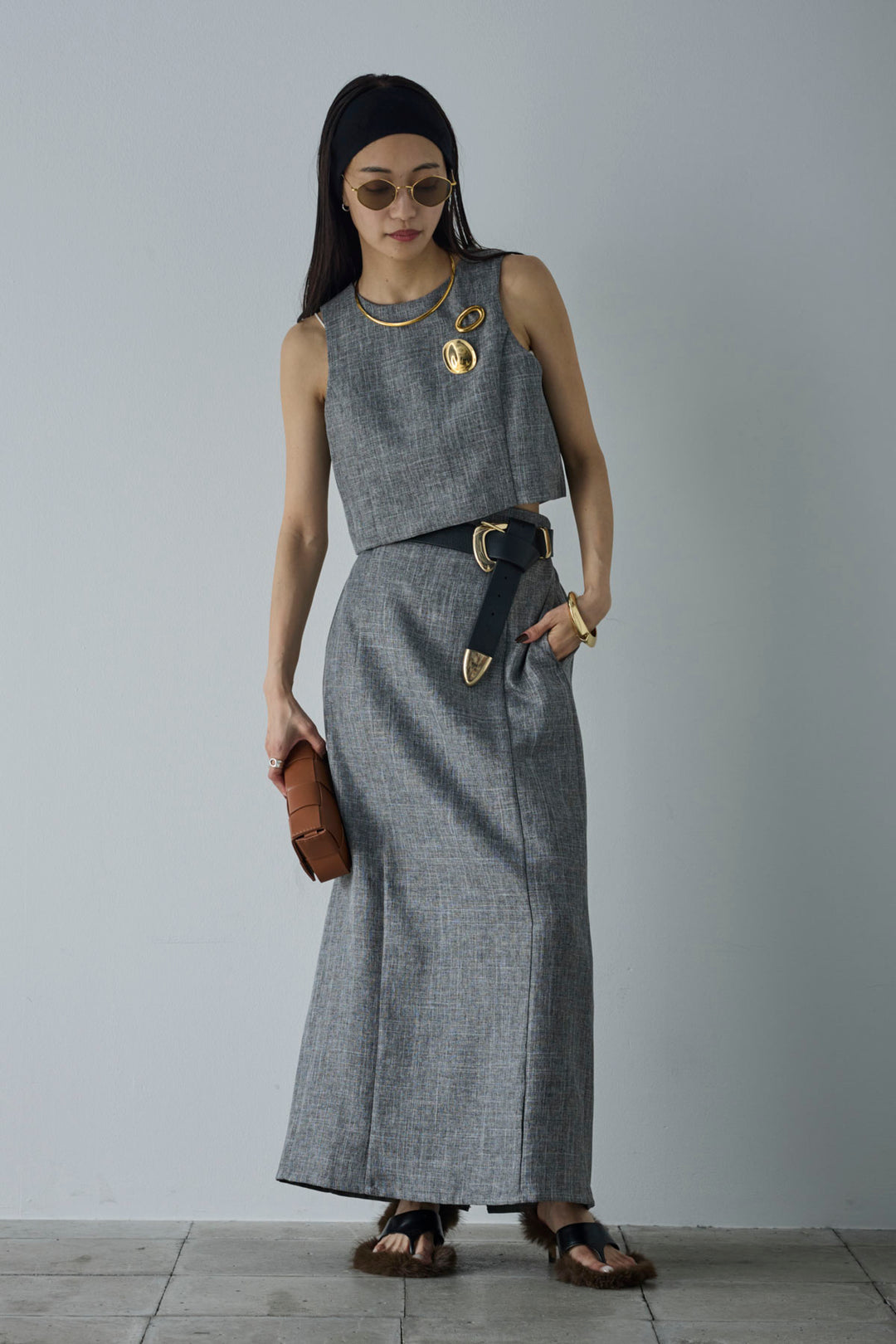 [予約/SET]リネンタッチクロップドベスト+リネンタッチハイウエストスカート(2set)