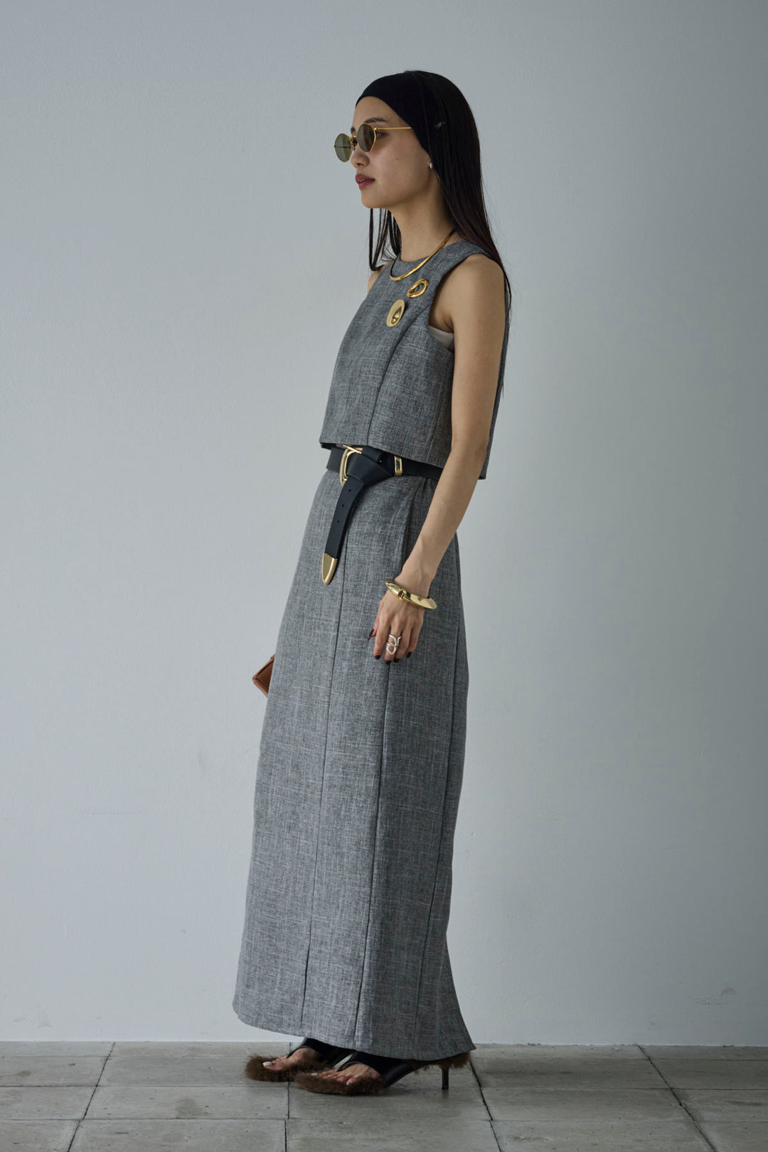 [予約/SET]リネンタッチクロップドベスト+リネンタッチハイウエストスカート(2set)