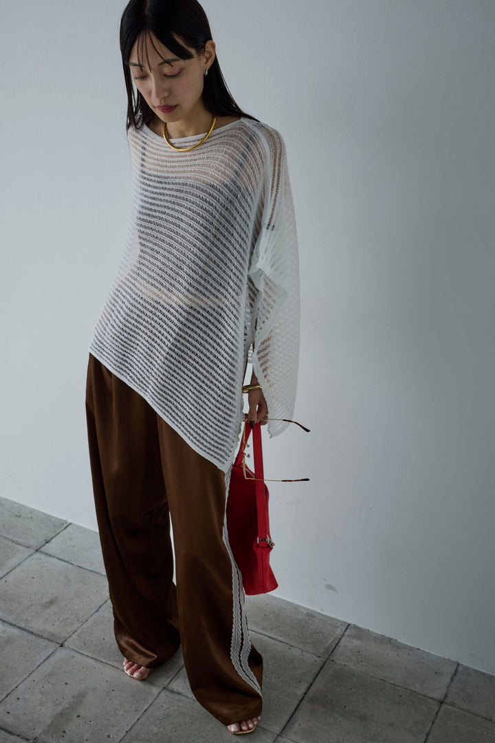 [予約/SET]サマーニットアシンメトリーポンチョ+ウェーブパイピングショートキャミ+サテンレースラインパンツ(3set)