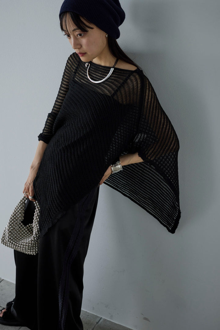 [予約/SET]サマーニットアシンメトリーポンチョ+ウェーブパイピングショートキャミ+サテンレースラインパンツ(3set)