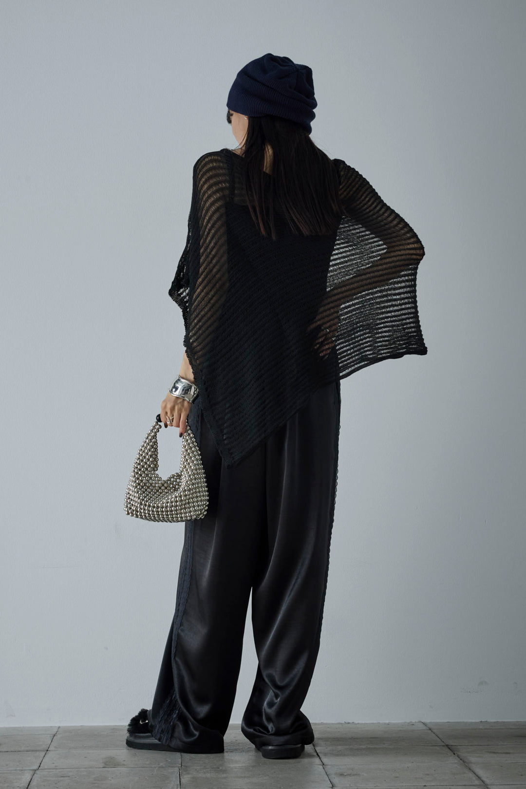 [予約/SET]サマーニットアシンメトリーポンチョ+ウェーブパイピングショートキャミ+サテンレースラインパンツ(3set)