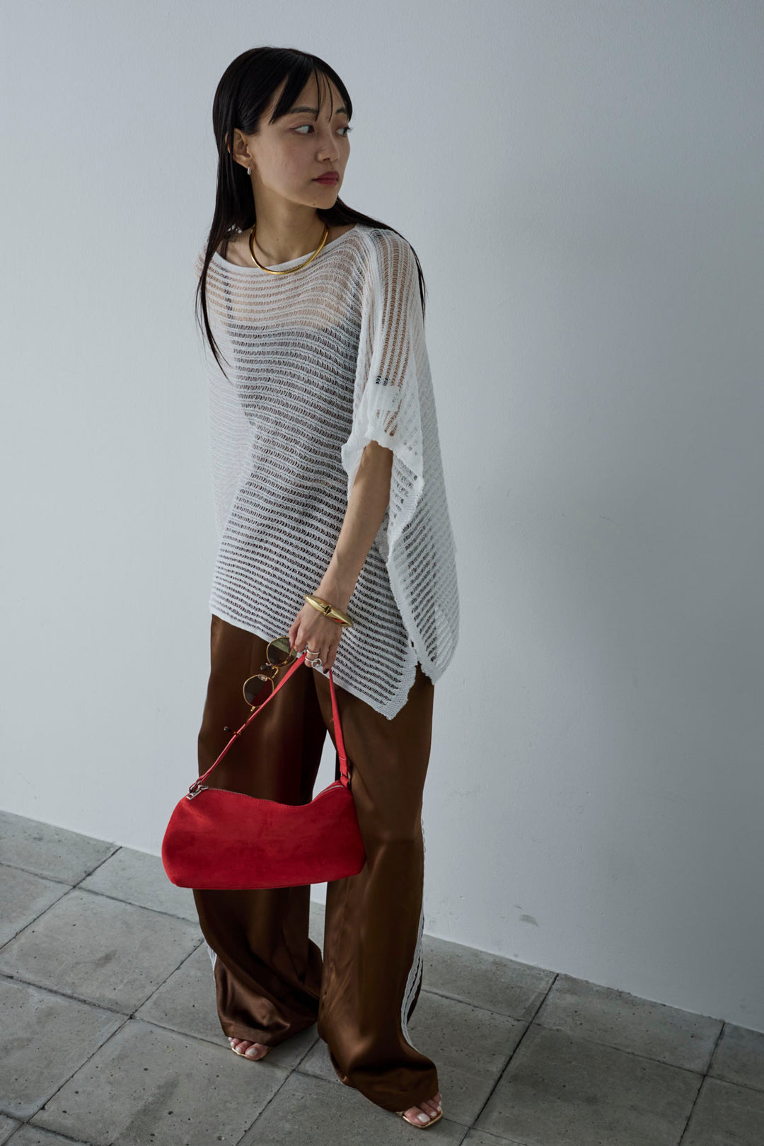 [予約/SET]サマーニットアシンメトリーポンチョ+ウェーブパイピングショートキャミ+サテンレースラインパンツ(3set)