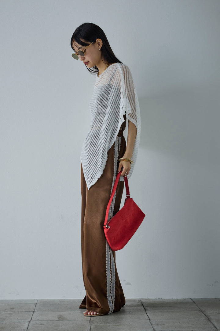 [予約/SET]サマーニットアシンメトリーポンチョ+ウェーブパイピングショートキャミ+サテンレースラインパンツ(3set)