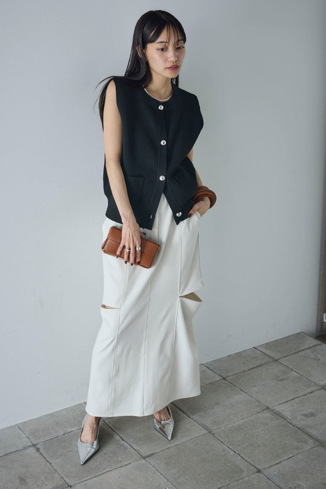 [予約/SET]メタルボタンニットベスト+ベルト付きサイドジップスカート(2set)