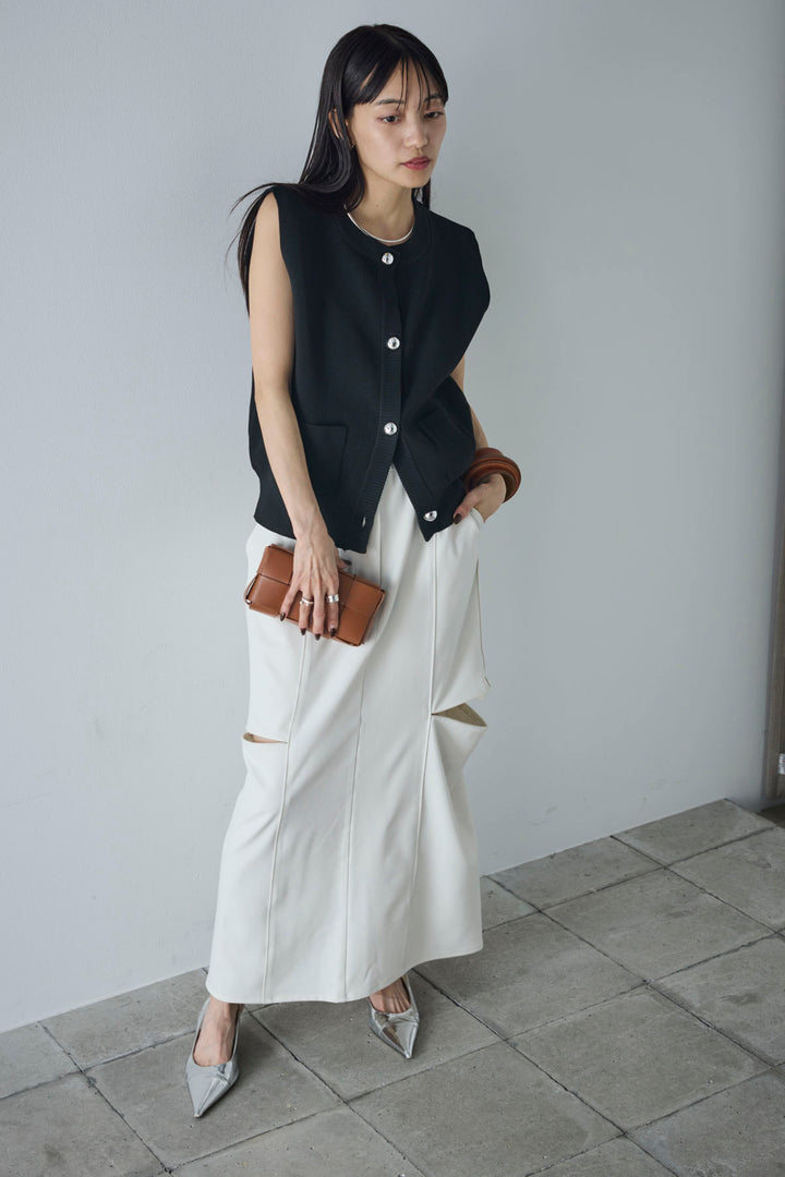 [予約/SET]メタルボタンニットベスト+ベルト付きサイドジップスカート(2set)