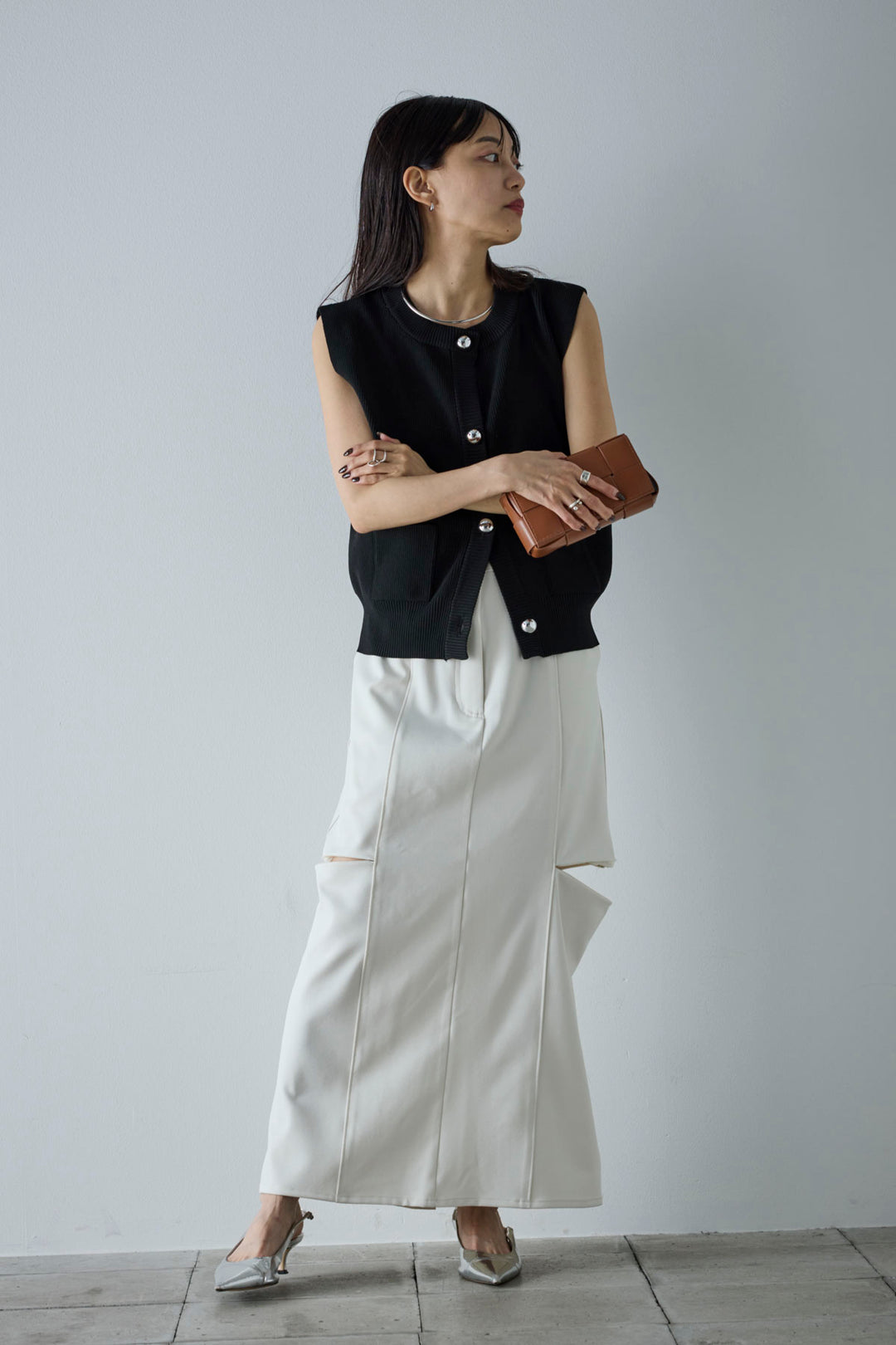 [予約/SET]メタルボタンニットベスト+ベルト付きサイドジップスカート(2set)