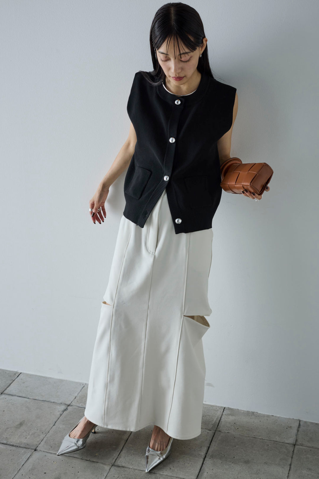 [予約/SET]メタルボタンニットベスト+ベルト付きサイドジップスカート(2set)