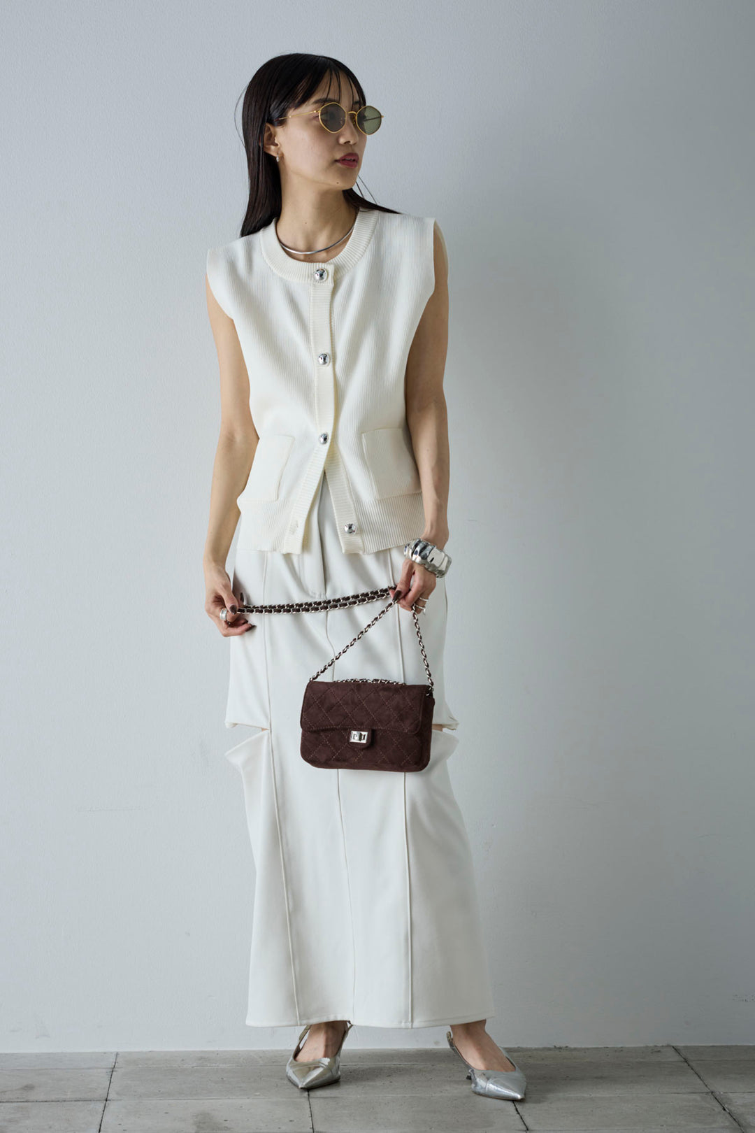 [予約/SET]メタルボタンニットベスト+ベルト付きサイドジップスカート(2set)