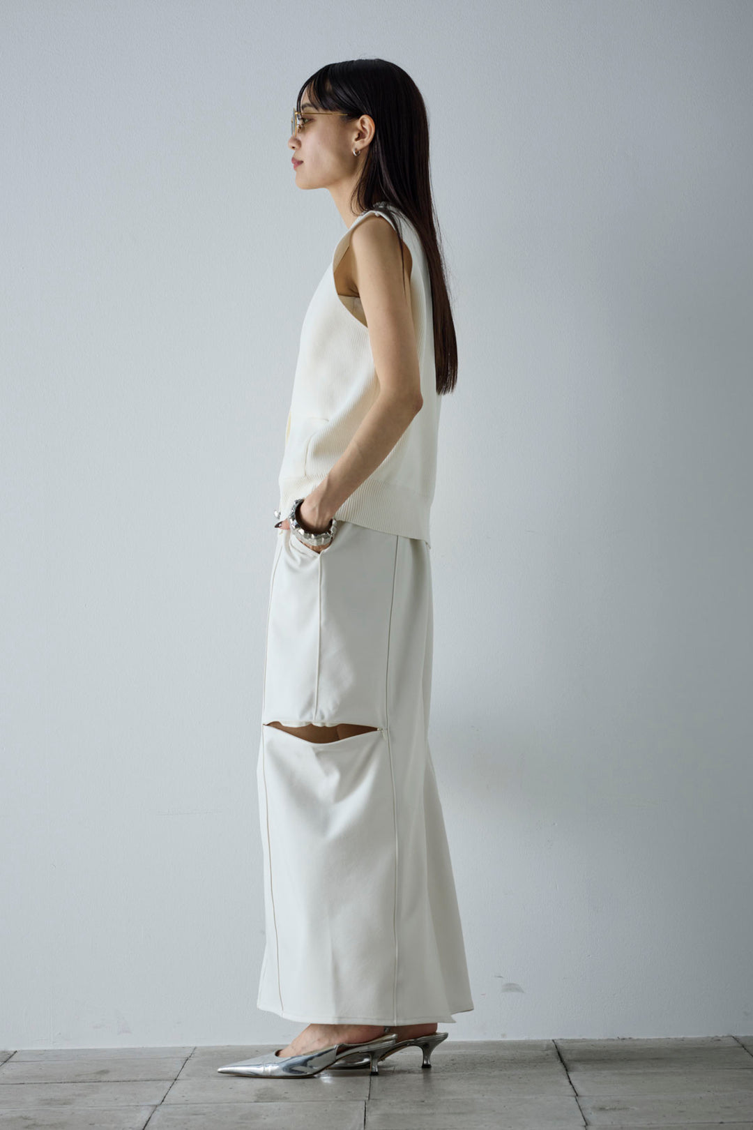 [予約/SET]メタルボタンニットベスト+ベルト付きサイドジップスカート(2set)