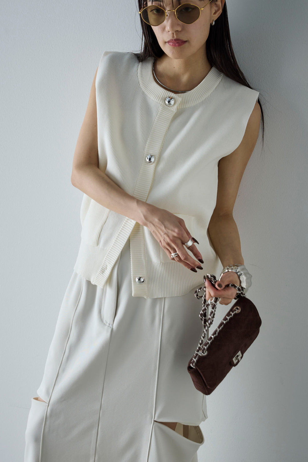 [予約/SET]メタルボタンニットベスト+ベルト付きサイドジップスカート(2set)