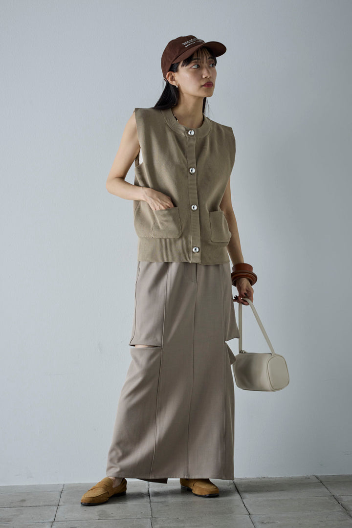 [予約/SET]メタルボタンニットベスト+ベルト付きサイドジップスカート(2set)