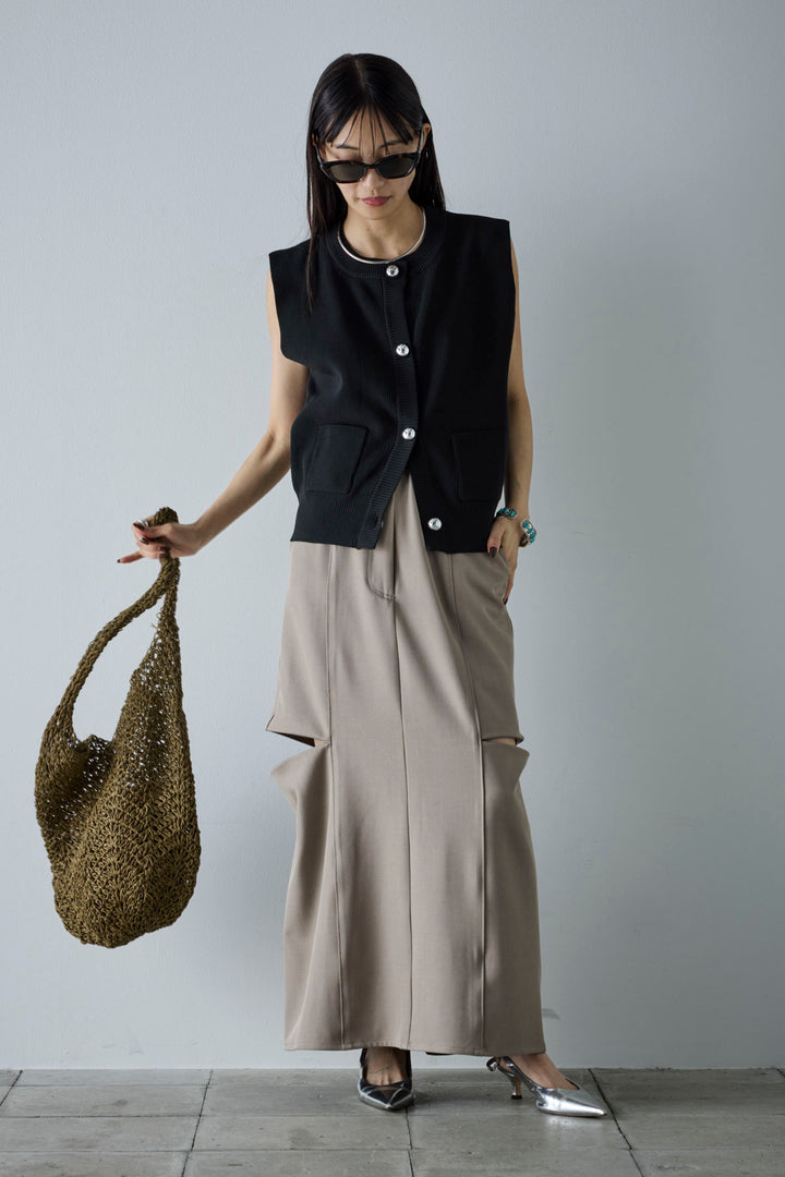 [予約/SET]メタルボタンニットベスト+ベルト付きサイドジップスカート(2set)