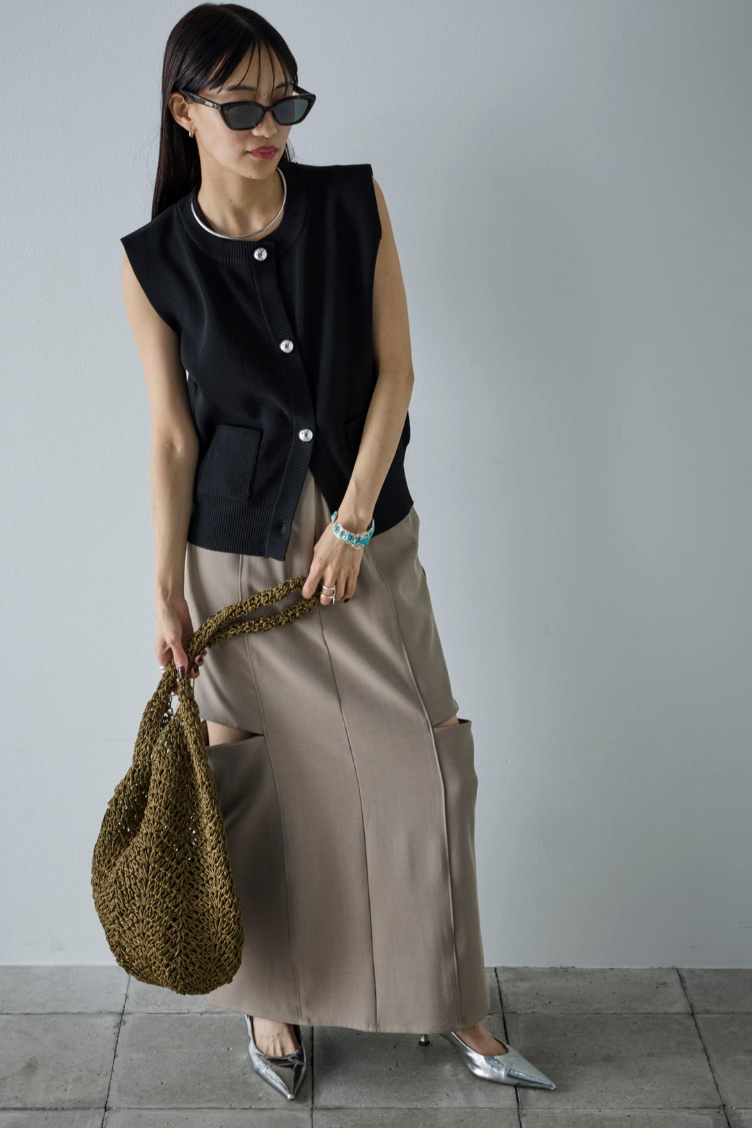 [予約/SET]メタルボタンニットベスト+ベルト付きサイドジップスカート(2set)