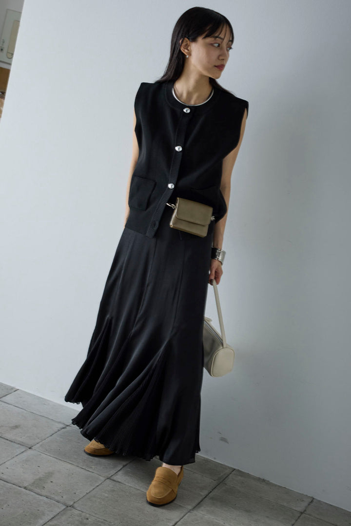 [予約/SET]メタルボタンニットベスト+プリーツシアー切り替えスカート(2set)