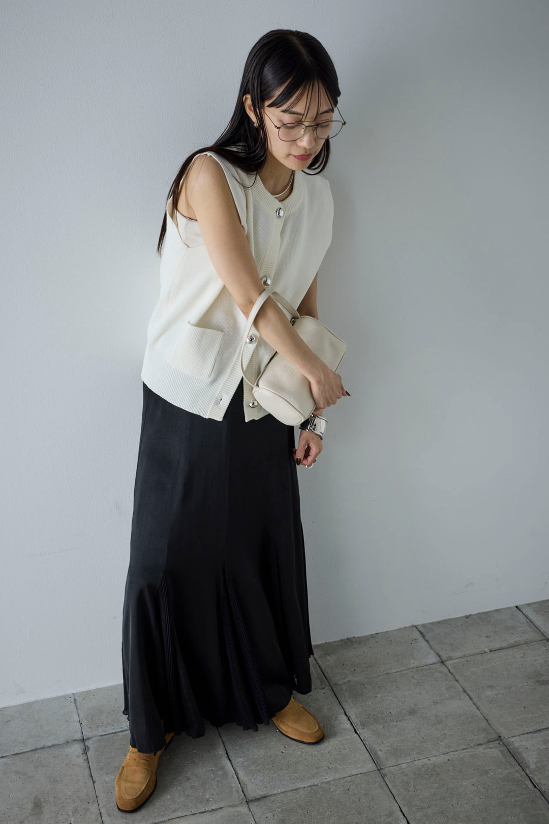 [予約/SET]メタルボタンニットベスト+プリーツシアー切り替えスカート(2set)