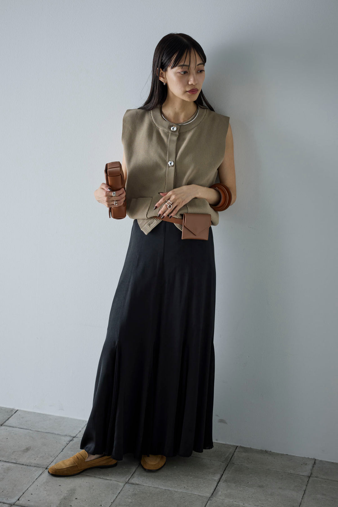 [予約/SET]メタルボタンニットベスト+プリーツシアー切り替えスカート(2set)