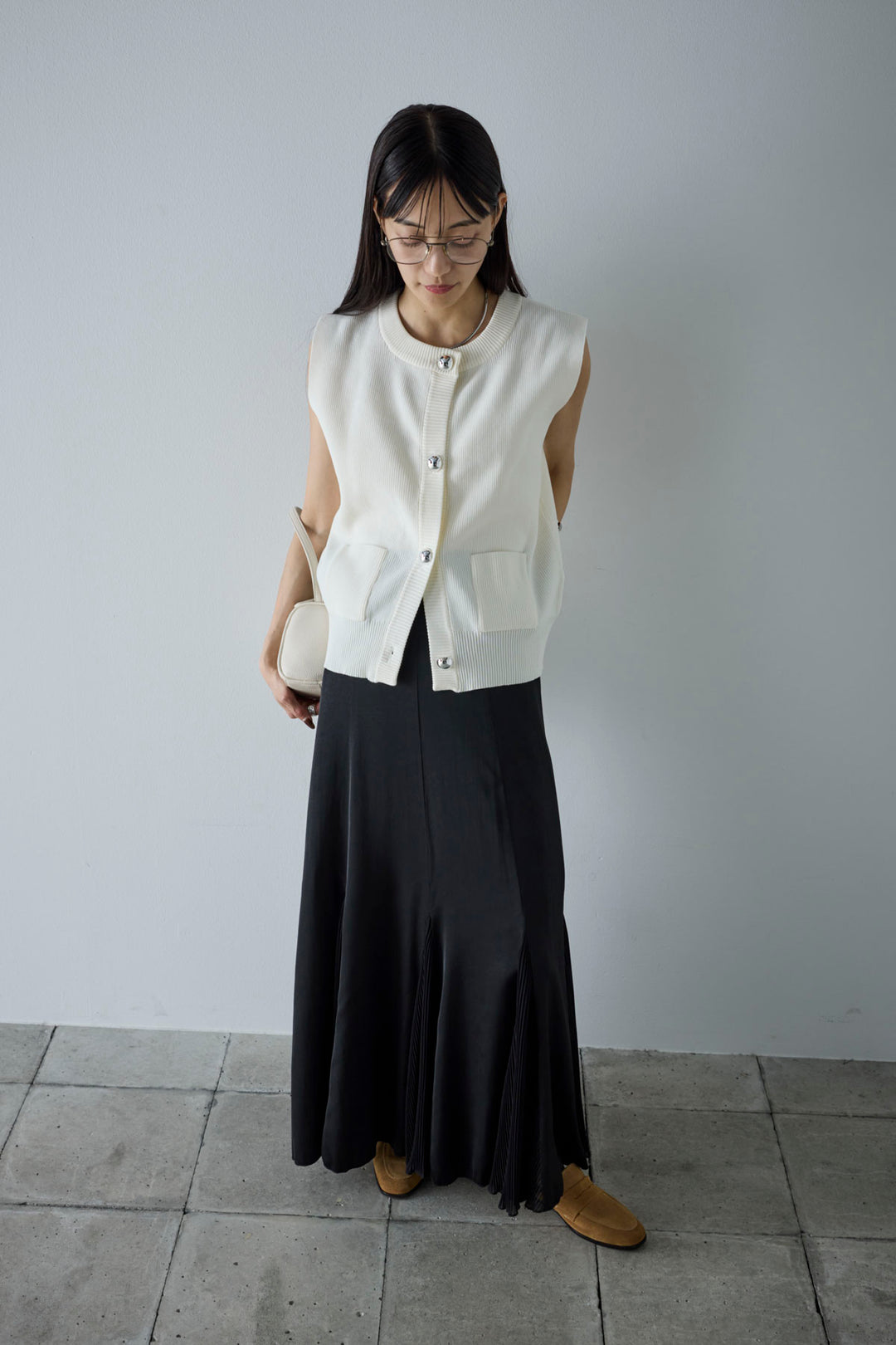 [予約/SET]メタルボタンニットベスト+プリーツシアー切り替えスカート(2set)