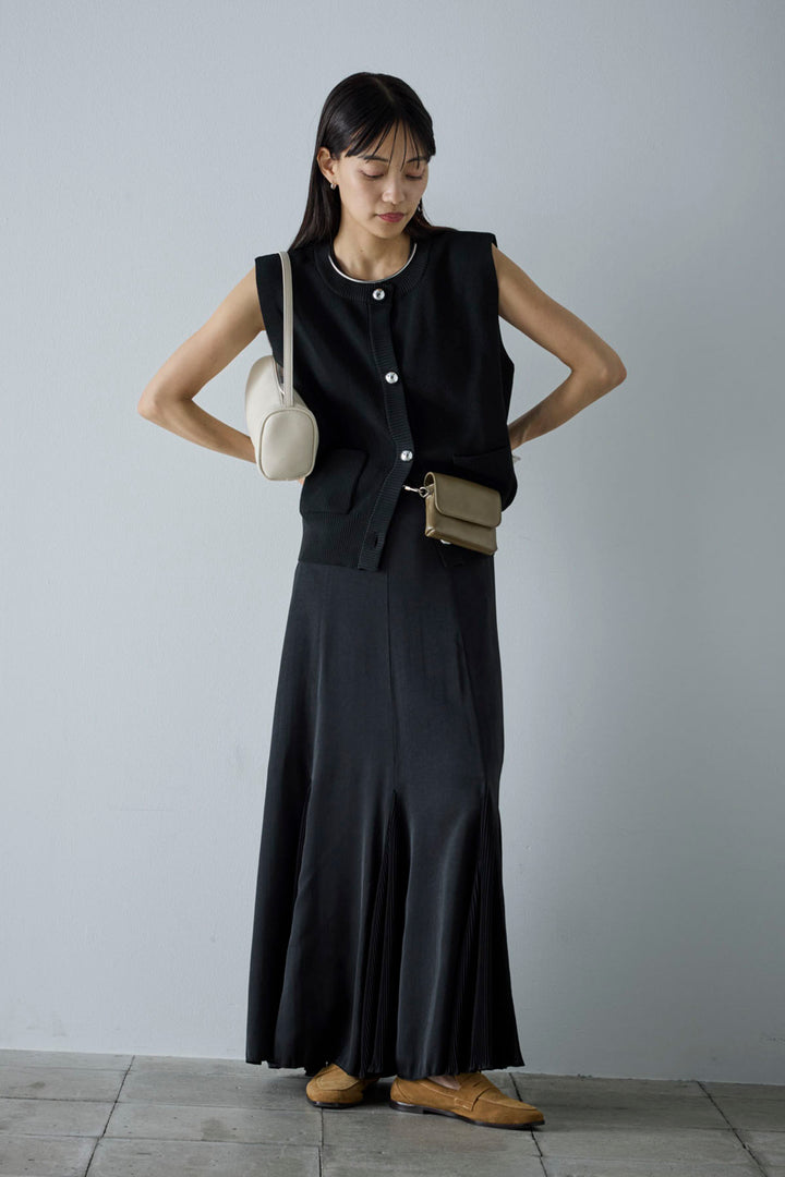 [予約/SET]メタルボタンニットベスト+プリーツシアー切り替えスカート(2set)