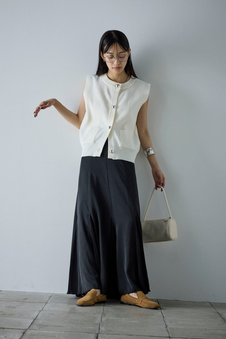 [予約/SET]メタルボタンニットベスト+プリーツシアー切り替えスカート(2set)