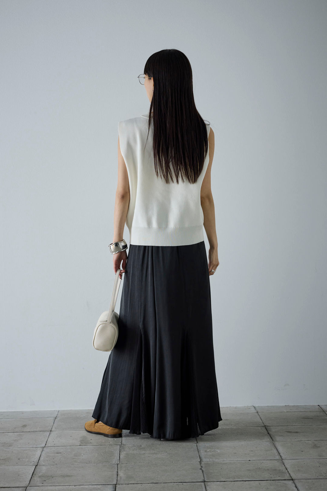 [予約/SET]メタルボタンニットベスト+プリーツシアー切り替えスカート(2set)