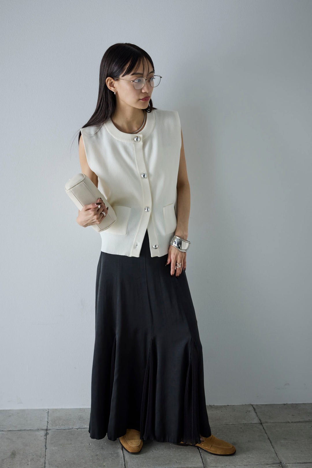 [予約/SET]メタルボタンニットベスト+プリーツシアー切り替えスカート(2set)