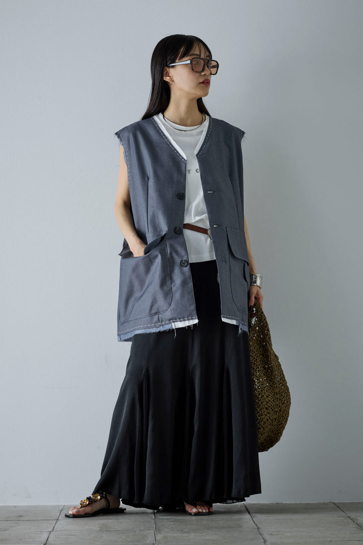 [予約/SET]切りっぱなしステッチデザインベスト+コンパクトスムース ミニ箔ロゴプリント+プリーツシアー切り替えスカート(3set)