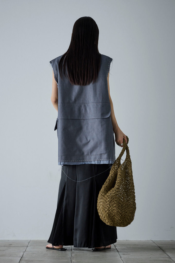 [予約/SET]切りっぱなしステッチデザインベスト+コンパクトスムース ミニ箔ロゴプリント+プリーツシアー切り替えスカート(3set)